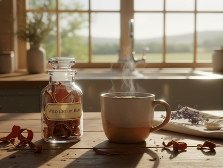 Eye-level view of dried wild cherry bark in a small glass jar beside a mug of tea