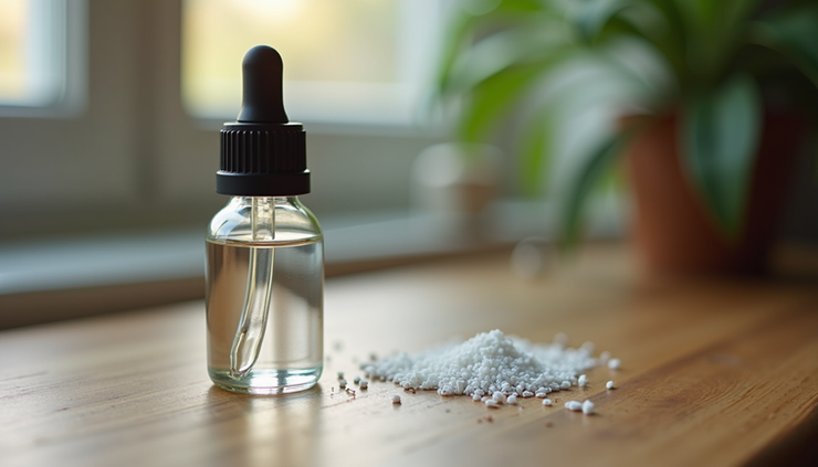 High angle view of a small bottle of colloidal silver next to a measuring dropper on a wooden table