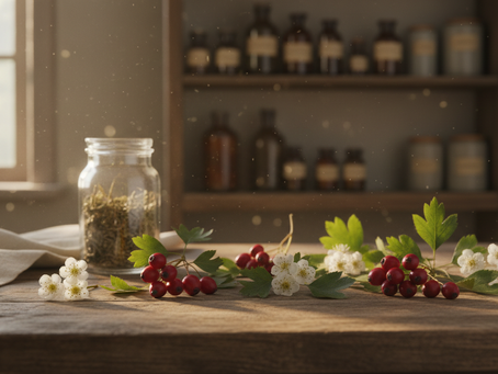 Close-up view of hawthorn berries and leaves drying on a wooden kitchen table.