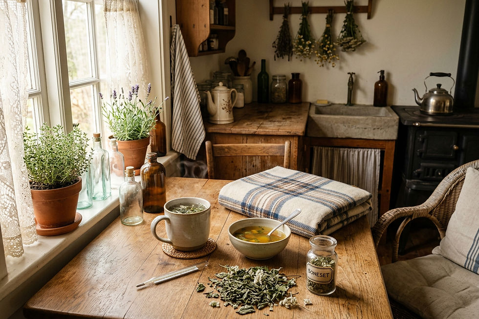 Wide-angle view of a steaming cup of boneset tea beside a folded blanket and thermometer