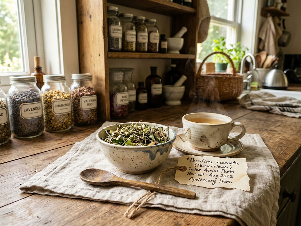 Close-up view of dried passionflower herb beside a cup of tea