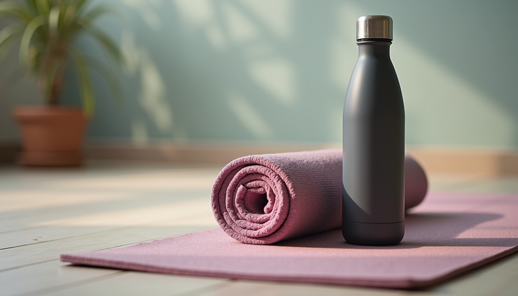 Close-up of a yoga mat with a rolled towel and water bottle
