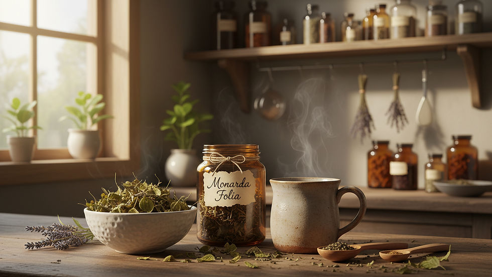 Eye-level view of dried bee balm leaves in a ceramic bowl beside a cup of herbal tea.