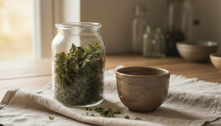 Eye-level view of dried nettle leaves in a glass jar beside a ceramic teacup.