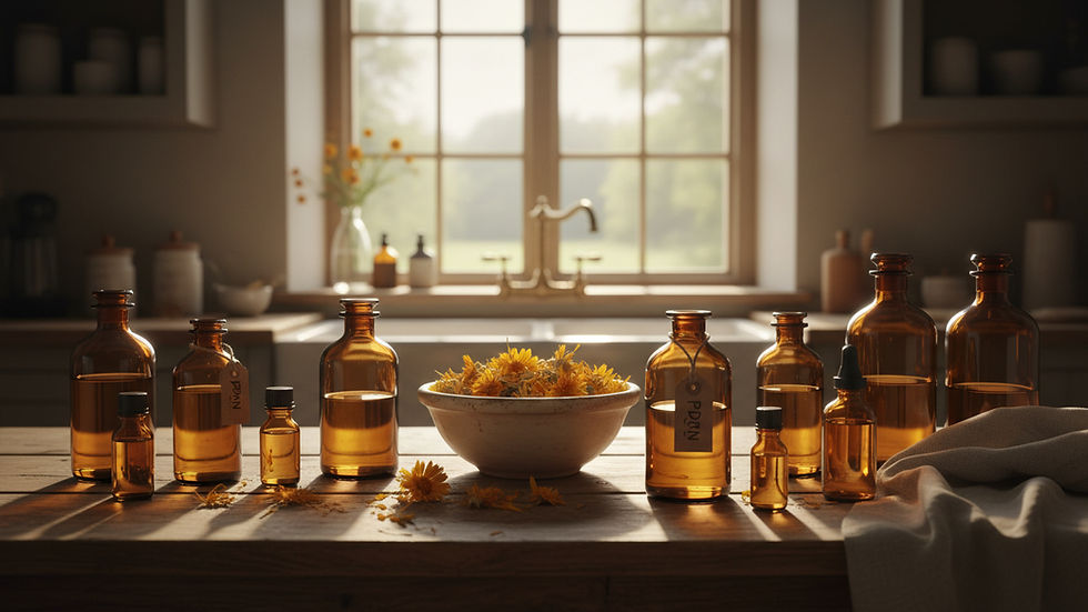 Wide-angle view of amber skincare bottles beside dried calendula flowers in a bright kitchen.