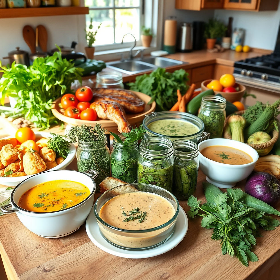 A vibrant kitchen scene showcases an array of fresh vegetables, herbs, and homemade soups, highlighting the essence of nutrition and herbology