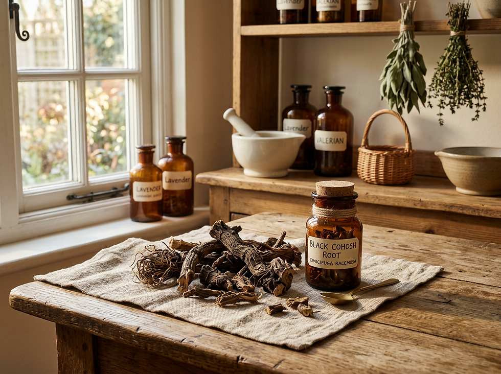 Close-up view of dried black cohosh root pieces on a linen cloth in a kitchen apothecary.