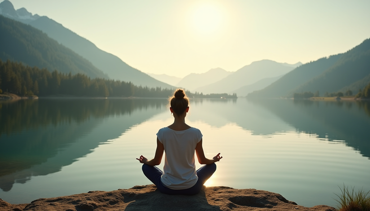 Eye-level view of a peaceful natural setting with a person meditating near a calm lake