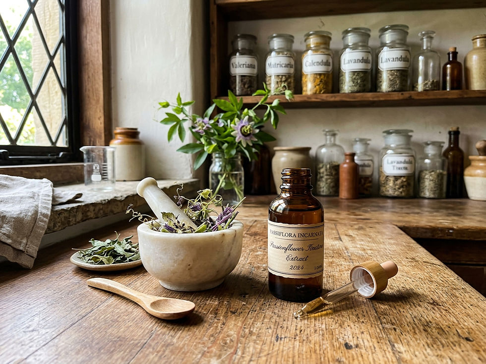 Eye-level view of a tincture bottle of passionflower beside a mortar and pestle