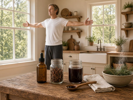 Wide-angle view of a mug of herbal steam beside a folded towel in a bright kitchen