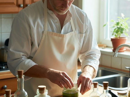 Modern herbalist preparing herbal tinctures in a bright kitchen