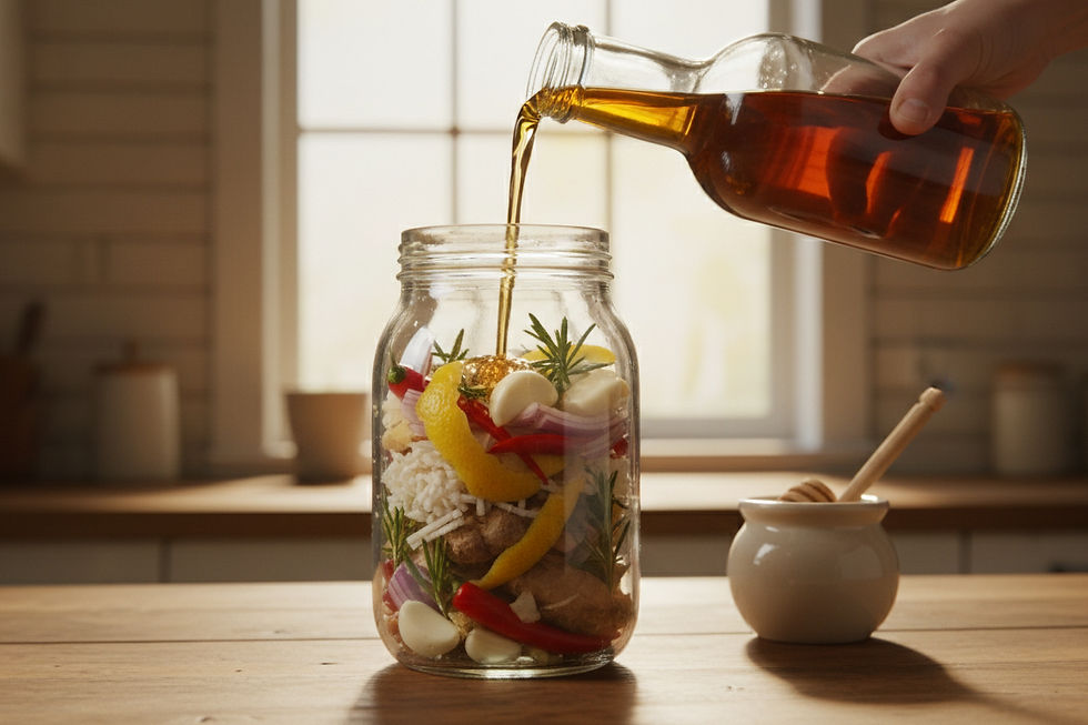 Eye-level view of apple cider vinegar being poured into a jar of roots and herbs