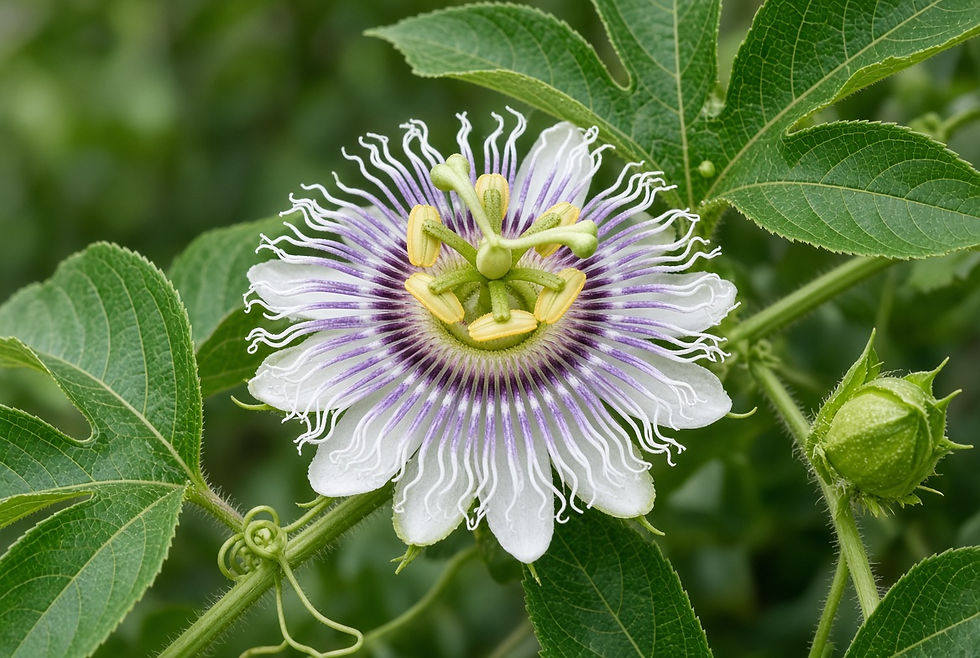 Close-up view of fresh passionflower blossoms with intricate petals