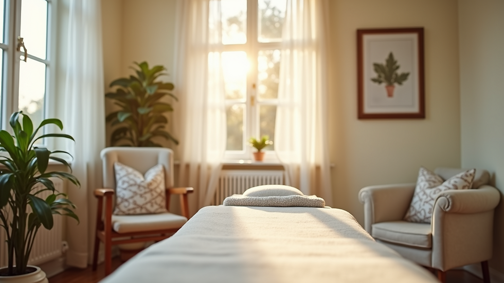 Eye-level view of a cozy wellness clinic room with natural light