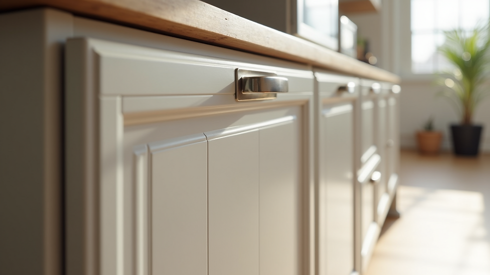 Close-up view of a UPVC kitchen cabinet with a glossy finish
