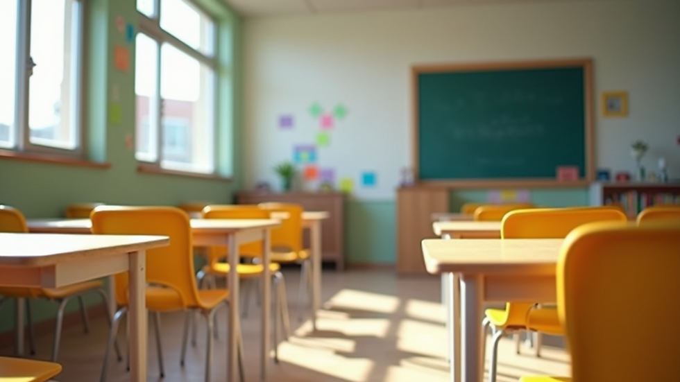 Wide angle view of a colorful learning space in a classroom
