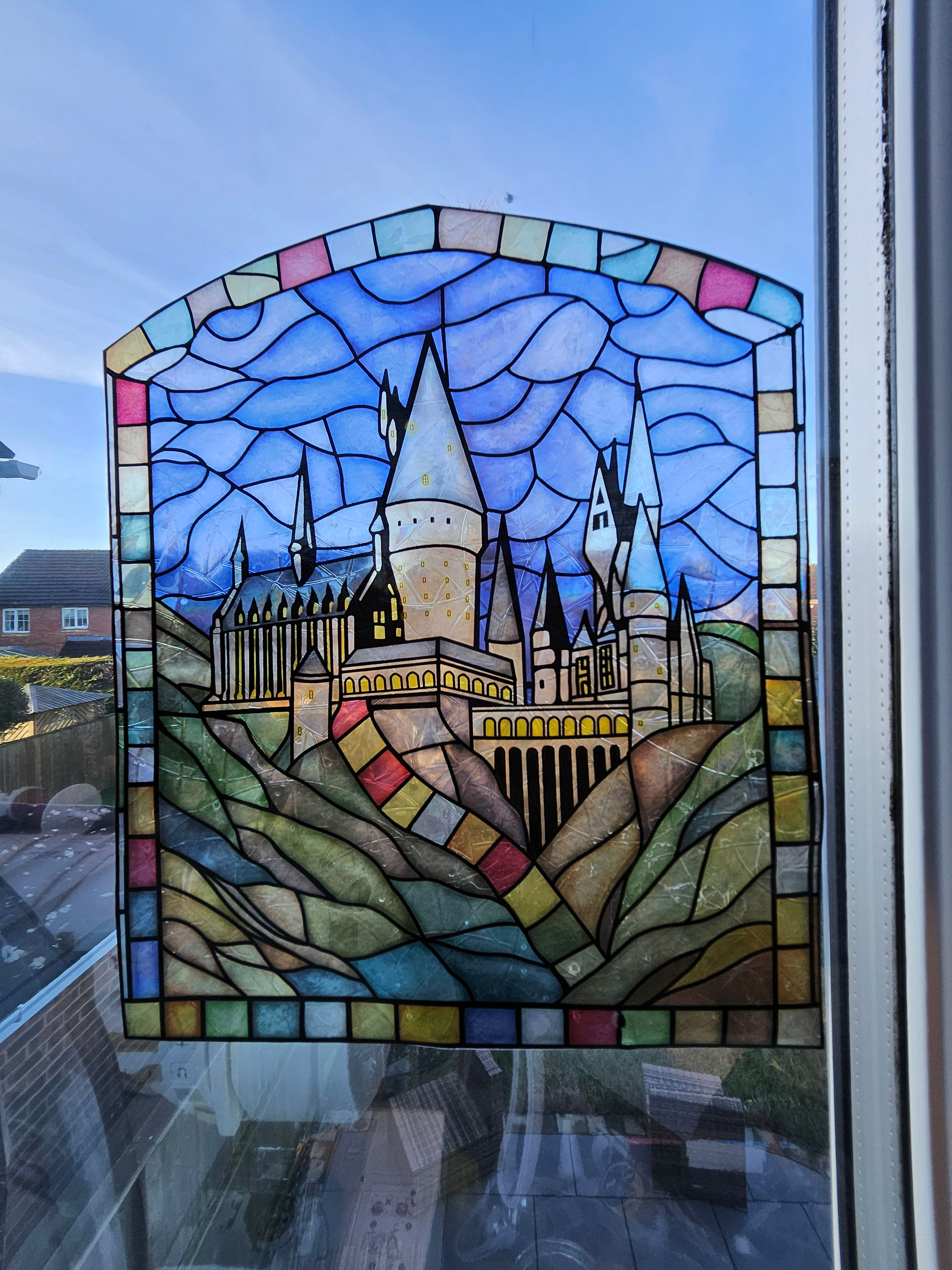 Castle sun catcher for window sticker stained glass style