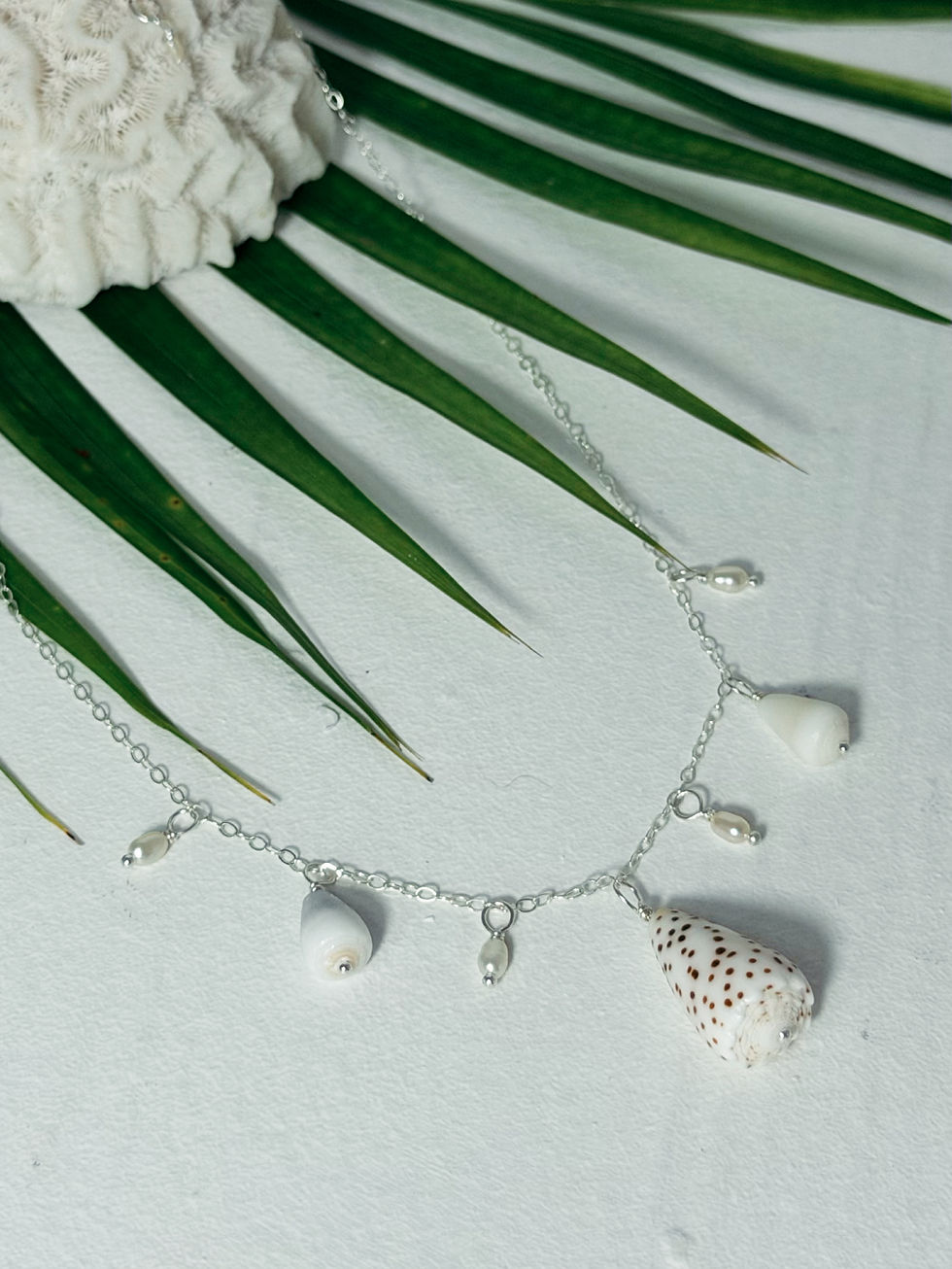 Thumbnail: Cone Shells & Pearl Accents Charm Necklace Sterling Silver