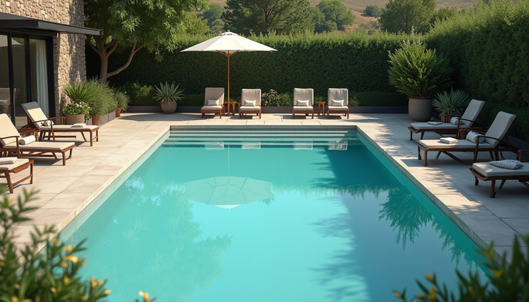 High angle view of the resort’s swimming pool surrounded by lounge chairs and greenery