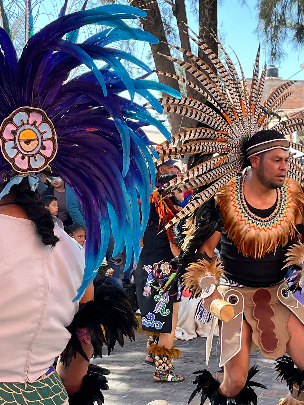 indigenous dancer performs in parade on dia de los trabajos. colorful costumes, feathers, people watching the parade.