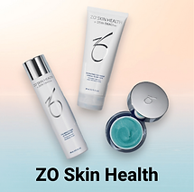 תמונה מרובעת של 3 מוצרי "ZO SKIN" הרקע הוא שיפוע שעובר מאפרסק לטורקיז