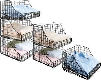 Storage Bins Closet Organizers and Storage 3 Pack, Rustic Stackable Metal Wire Basket for Clothes Toys Snacks, Open Pantry Baskets for Countertop Cabinet Living Room Black, 11.5x11.5x21inch