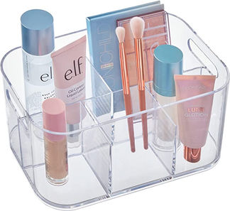 STORi Bliss 5-Compartment Plastic Cosmetic Organizer | Clear | Rectangular Divided Makeup Bin & Vanity Storage Caddy with Pass-Through Handles | Round Corner Design | Made in USA