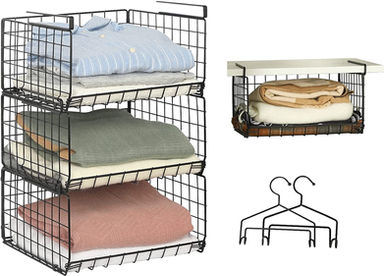 3-Tier Under Closet Shelf Basket Hanging Clothes Storage Organizer Slides Under Shelves Space Saving Stackable Cabinet Bins Foldable Metal Wire Rack with 2 Hooks for Clothing Sweaters Bedroom