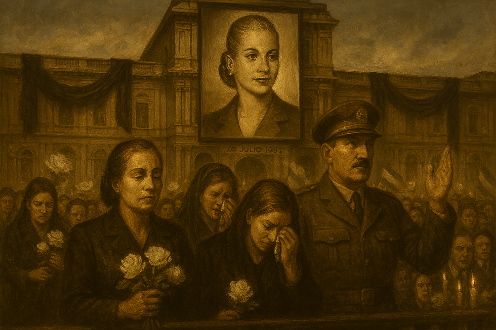 Mourning crowds in 1950s Buenos Aires gathered beneath a large portrait of Eva Perón on July 26, 1952, dressed in dark clothing and holding white roses and candles—symbolizing national grief, remembrance, and the emotional legacy of Argentina’s beloved First Lady.
