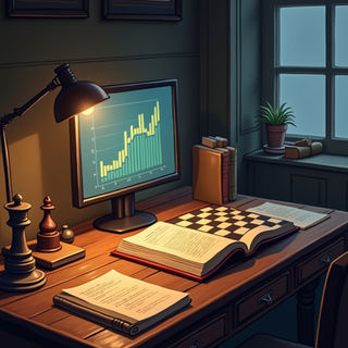 Cozy study with chessboard, financial book, and market charts representing English-language articles on finance and strategy.