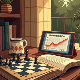 Cozy study with chessboard, financial book, and market charts representing Spanish-language articles on finance and strategy.