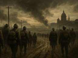 Dramatic historical scene symbolizing the start of World War I, featuring early 20th century European soldiers and distant battlefields. Cinematic, moody lighting and muted colors emphasize the tension and political uncertainty of July 28, 1914