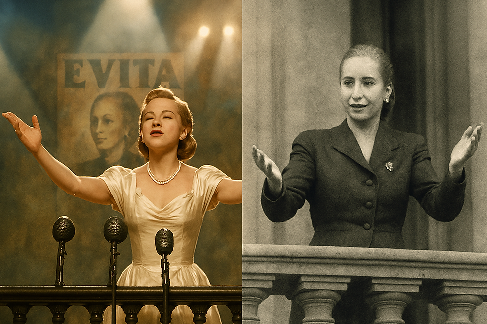 Madonna stands on stage in a glamorous 1940s-style white gown, arms outstretched as Eva Perón, while beside her, a faded black-and-white image shows the real Eva in the same pose. The split composition highlights the mythologizing of Eva Perón through modern media.