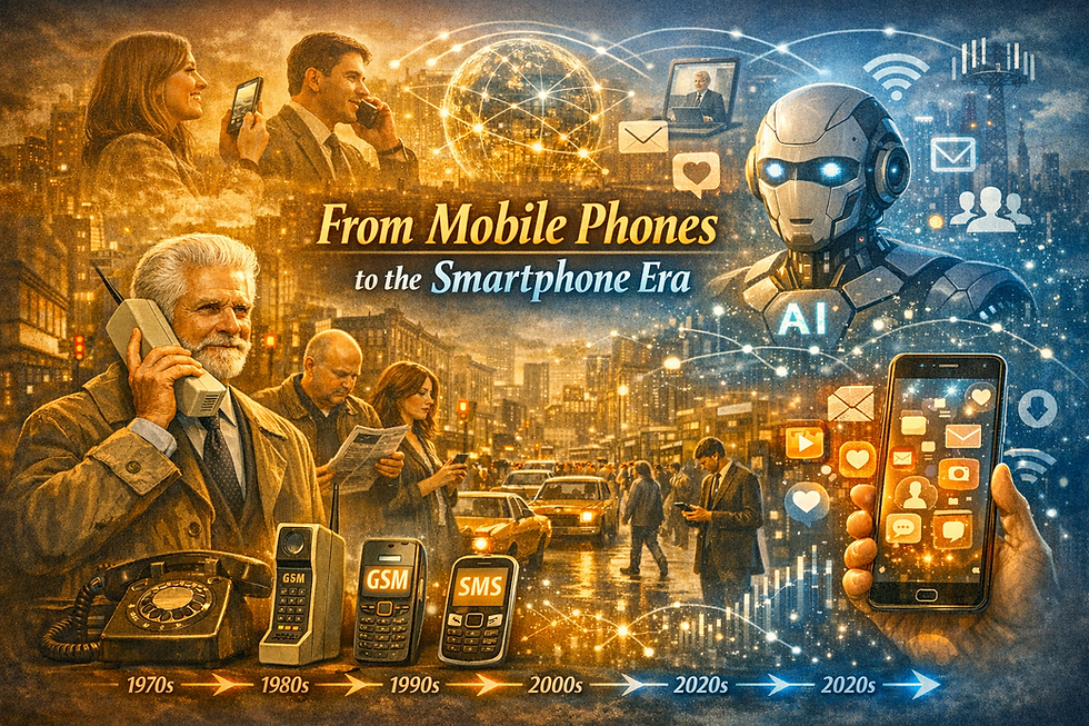 Eine digitale Illustration, die die Entwicklung der mobilen Kommunikation von Martin Coopers erstem Mobiltelefonanruf im Jahr 1973 bis zu den heutigen KI-gestützten Smartphones zeigt. Die Zeitleiste hebt zentrale Meilensteine hervor: das Motorola DynaTAC der 1970er-Jahre, GSM-Telefone der 1980er, die SMS-Kultur der 1990er, das mobile Internet der 2000er und die KI-Integration der 2020er-Jahre. Warme Goldtöne gehen dabei fließend in kühle futuristische Blautöne über und symbolisieren die Reise der Menschheit von analogen Geräten hin zu intelligenten digitalen Begleitern.