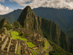 A breathtaking view of Machu Picchu perched atop the Andes Mountains, surrounded by mist and lush green terraces. Ancient stone structures and the iconic Temple of the Sun reflect the engineering brilliance of the Inca civilization. A symbol of discovery, heritage, and sustainable tourism.