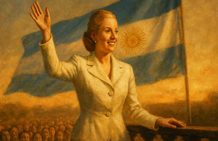 Split-image of Madonna portraying Eva Perón in the film Evita and the real Eva Perón on the Casa Rosada balcony, symbolizing the transformation of a historical figure into a global pop culture icon through cinema and media mythology.
