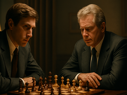 Scène photoréaliste de Bobby Fischer et Boris Spassky se faisant face lors du célèbre match du Championnat du monde d’échecs de 1972 à Reykjavik. Le décor de l’époque de la guerre froide comprend une ambiance vintage, un éclairage doux et des expressions intenses, capturant la tension psychologique et la portée symbolique de ce duel qui a changé l’histoire des échecs.