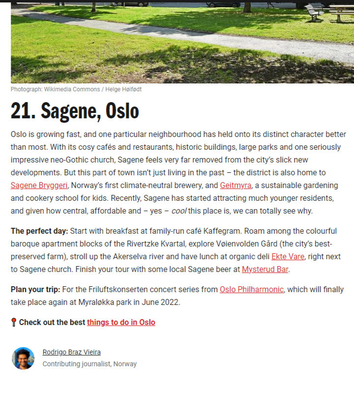 Time Out Magazine article naming Sagene Oslo one of the world's coolest neighbourhoods, written by Rodrigo Braz Vieira