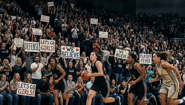 Eye-level view of a packed basketball arena during a playoff game with players moving up the court