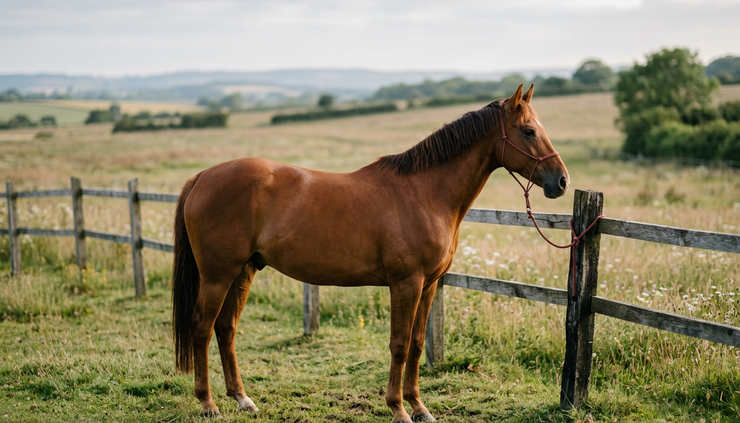 Side view of a chestnut horse standing calmly near a wooden fence