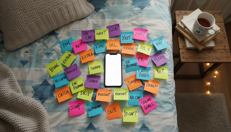 Overhead view of a phone surrounded by sticky notes with slang phrases