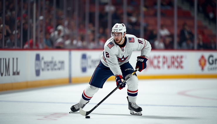 Eye-level view of Jake Guentzel wearing USA hockey jersey during a game