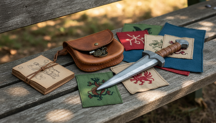 Close-up view of handmade costume accessories placed on a wooden bench outdoors.