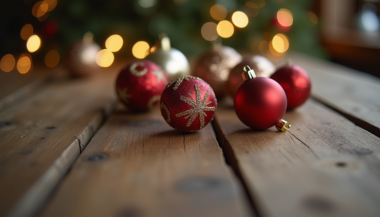 Eye-level view of a rustic wooden table with handmade holiday ornaments arranged neatly