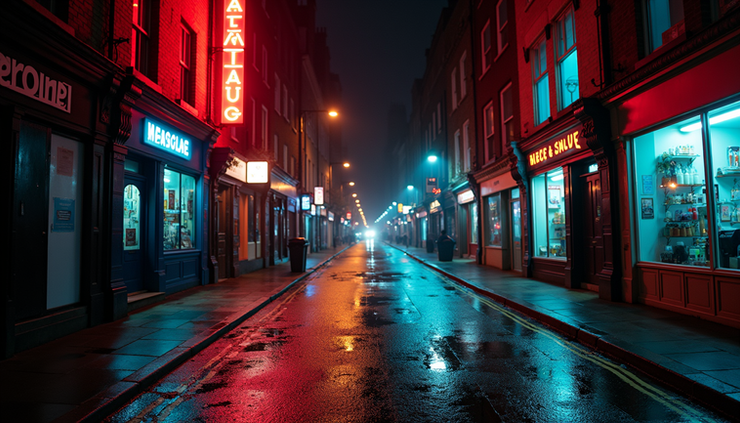 Eye-level view of a gritty London street at night with neon lights reflecting on wet pavement