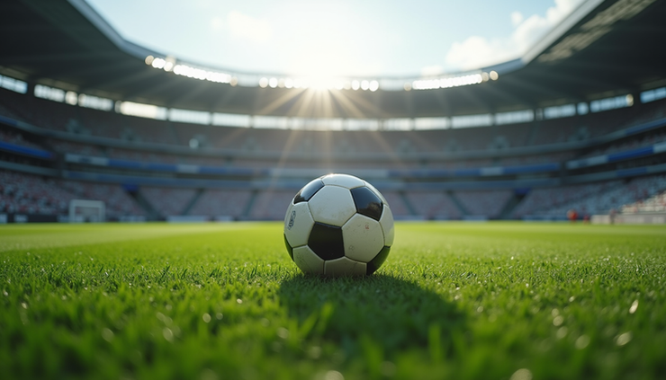 Eye-level view of a soccer ball resting on green grass in a stadium