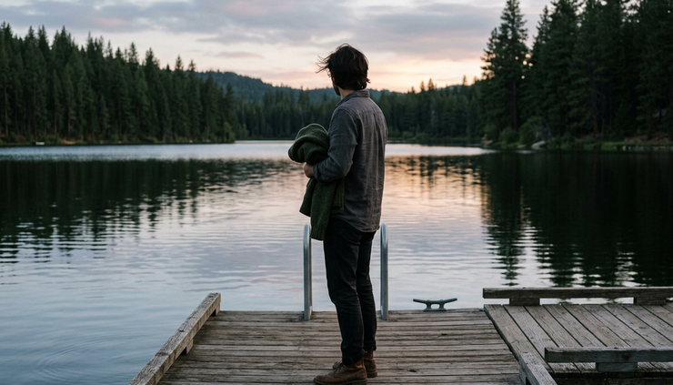 Eye-level view of a person standing alone on a lakeside dock while holding a folded sweater.