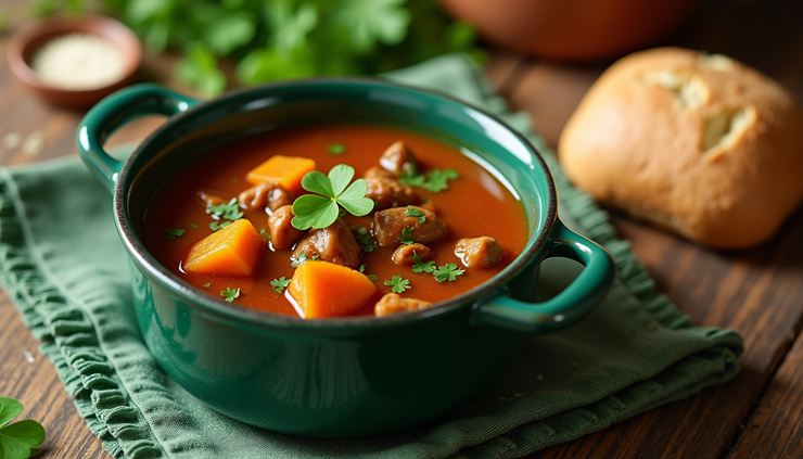 Close-up view of a table set with traditional Irish dishes and green decorations