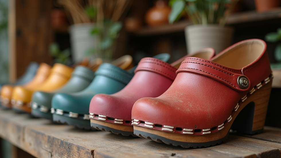 High angle view of colorful clogs arranged on a wooden surface