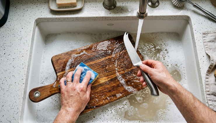 Overhead view of hands washing a cutting board and cheese knife in a kitchen sink